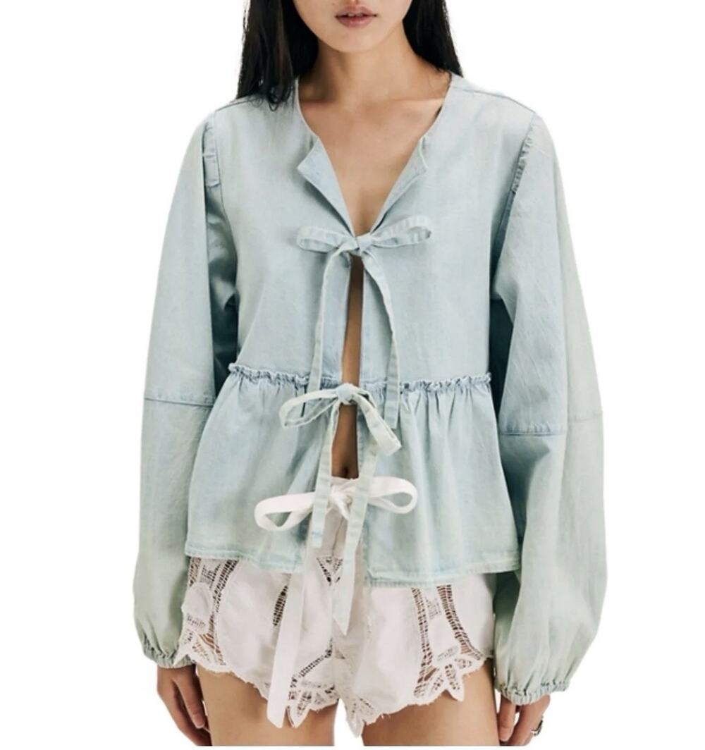 Free People Brunch Babe Denim Top, Size XL